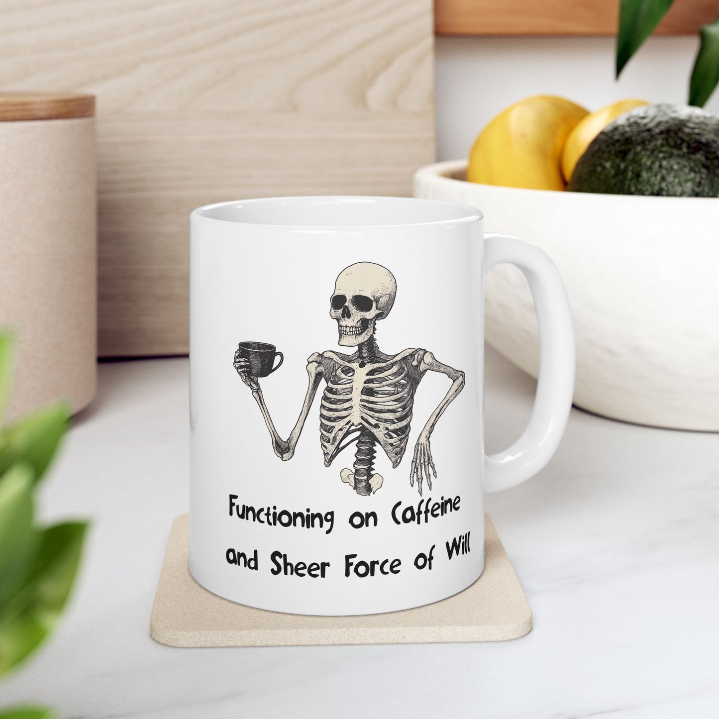 Functioning on Caffeine Mug | Funny Coffee Cup | Skeleton & Burnout Humor Gift