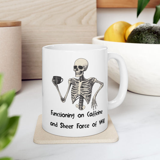 Functioning on Caffeine Mug | Funny Coffee Cup | Skeleton & Burnout Humor Gift