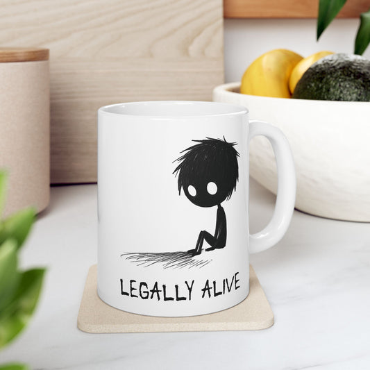 Legally Alive Mug | Funny Existential Coffee Cup | Dark Humor & Mental Health Gift